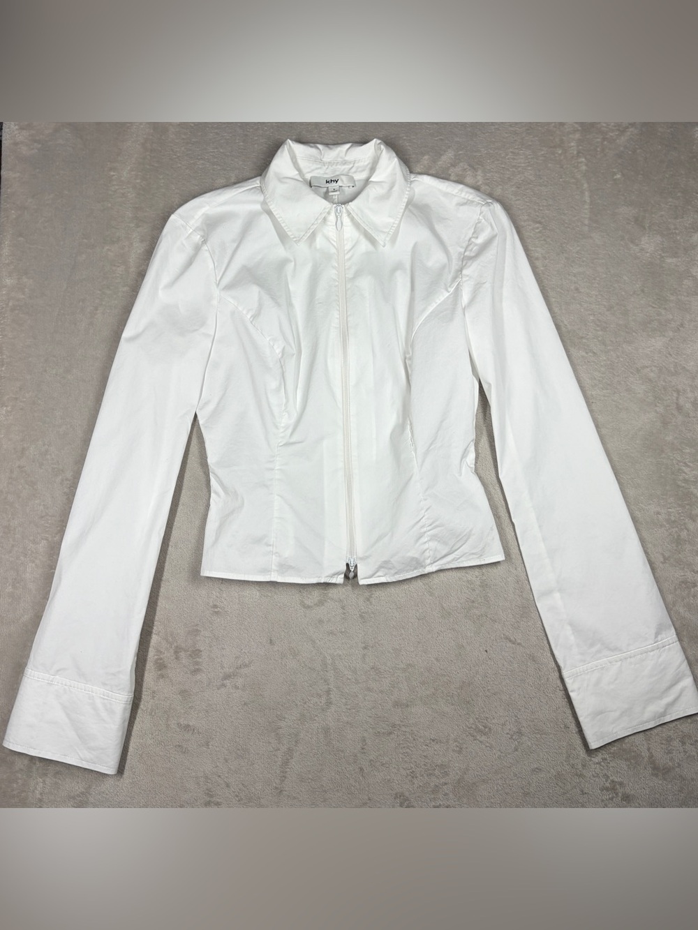 KHY White Poplin Cropped Collared Long Sleeves Zip Front Blouse Top Size Small